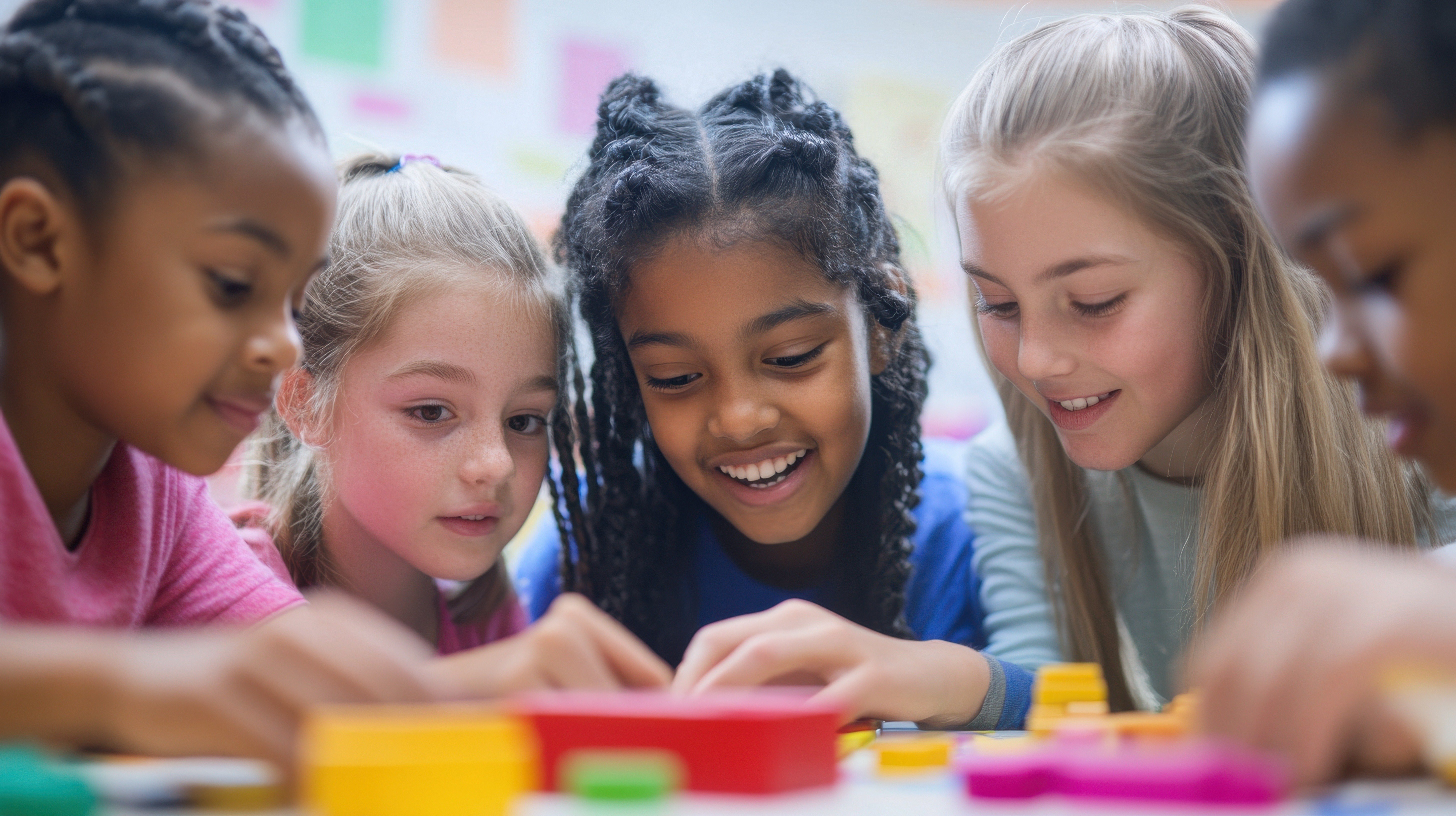 A group of elementary students participating in a hands-on math lesson, using manipulatives and interactive tools to solve problems.